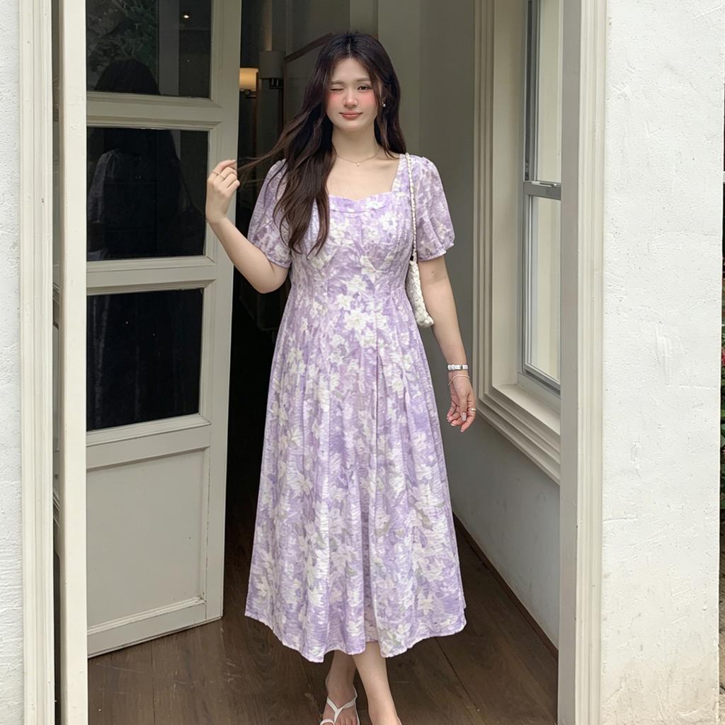 Large size women's clothing French square neck oil painting style floral dress waist thin medium and long skirt 262590