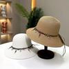 Ethnic style bead decoration big brim straw hat women outdoor vacation sunshade bucket hat foldable sunscreen sun hat