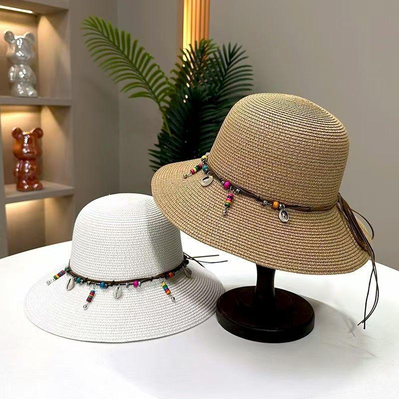 Ethnic style bead decoration big brim straw hat women outdoor vacation sunshade bucket hat foldable sunscreen sun hat
