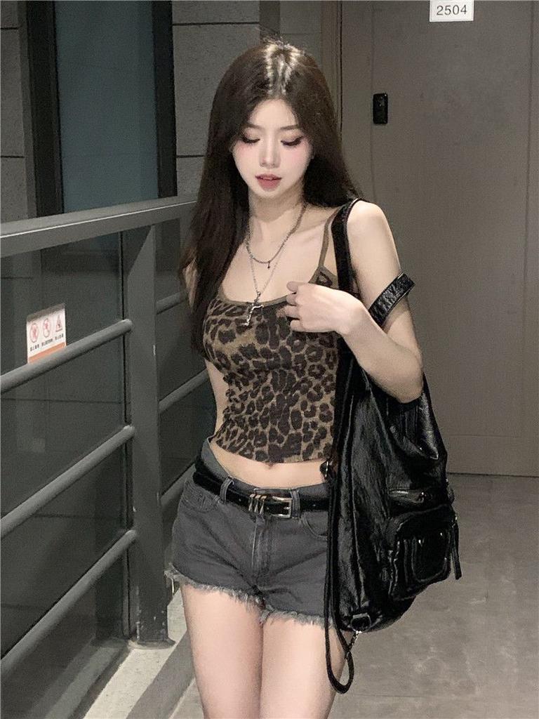 American leopard print sweet babes sexy suspender vest women's summer pure desire slim-fit design short outer wear inner top