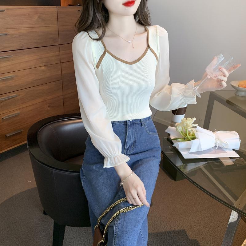 Chiffon Splice Knit Autumn New Fashionable Design Sense Small French Square Neck Slim Fit Long Sleeve Top