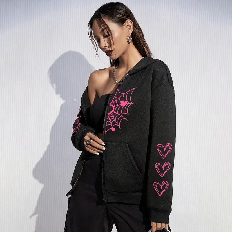 2025 Hot Sale Women's Hoodie Cute Spider Web Heart Print Zip-up Sweatshirt Fall Winter Female Urban Casual Fashion Hooded Jacket