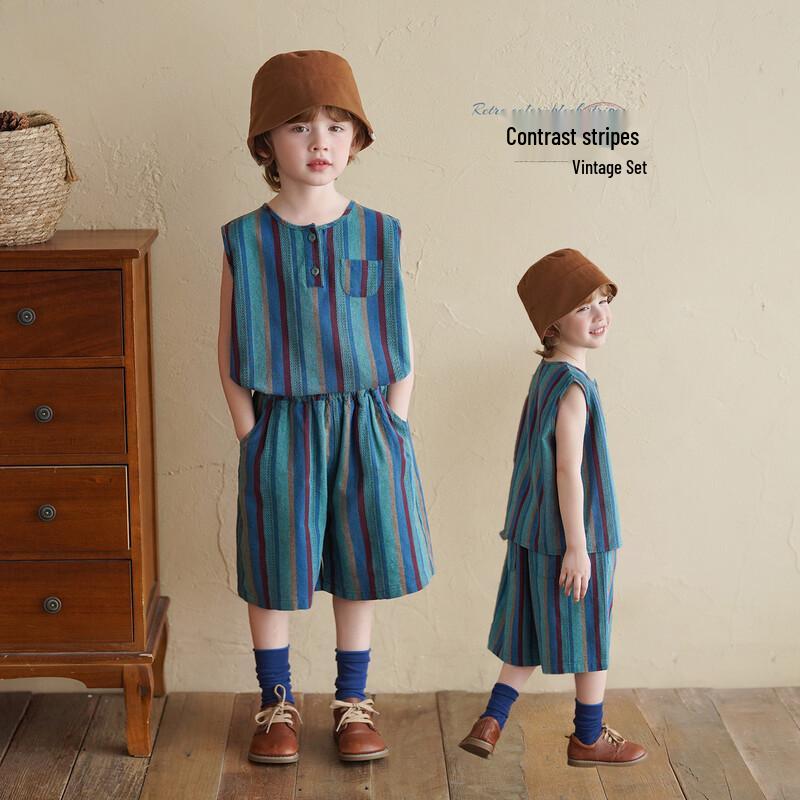 Boys  Retro Color-block Vest & Shorts Summer Set 140