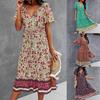 Lässiges, mittellanges, schmal geschnittenes Kleid für Damen mit kleinem Blumendruck und V-Ausschnitt und kurzen Ärmeln