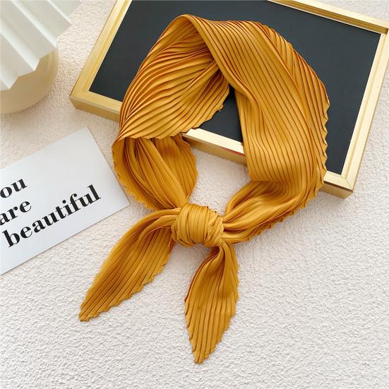Women Square Scarf Plain Color Wavy Edge Pleated Neck Wear Temperament Thin Silky Crinkled Scarf for Office