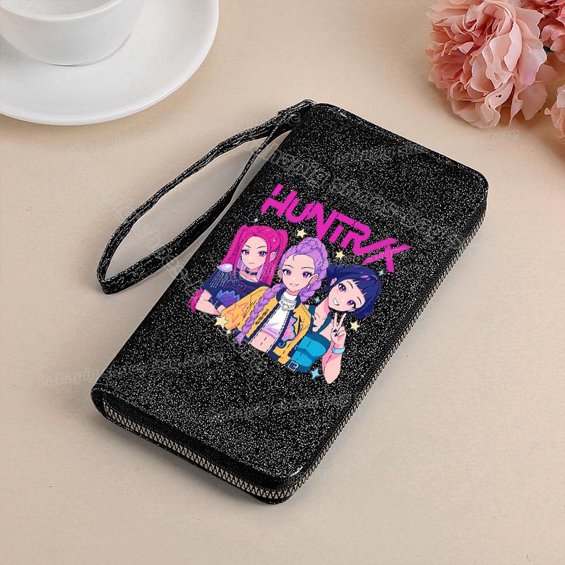 Vysoce kvalitní KPop Lovci démonů Dlouhá peněženka Dámské peněženky na zip Sequin Bling Koženka Kapsa na mince Držák na ID Kartu Dámské Clutch Peněženky