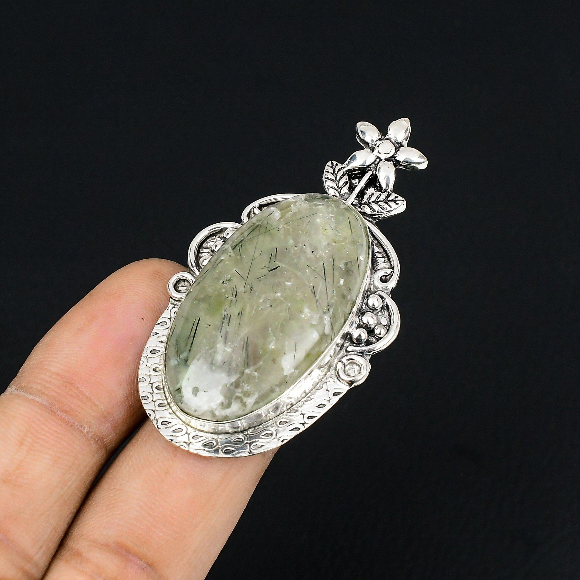 Sterling Silver Natural Moss Prehnite Flower Mother Trendy Promise Ring Size 6.5 6.5