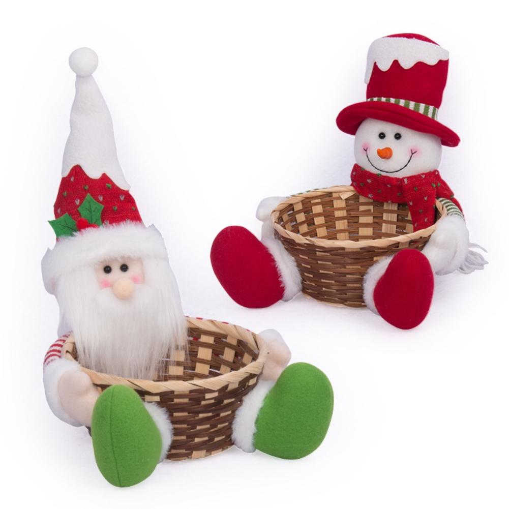 Santa Snowman Candy Basket Christmas Fruit Holder Straw Weave Tabletop Ornament Storage Tray Festive Decor Living Room Desk