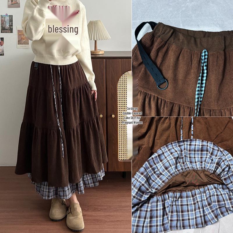 Autumn/Winter Corduroy Double-Layer Plaid Long Skirt for Pregnant Women (No Support Belt)