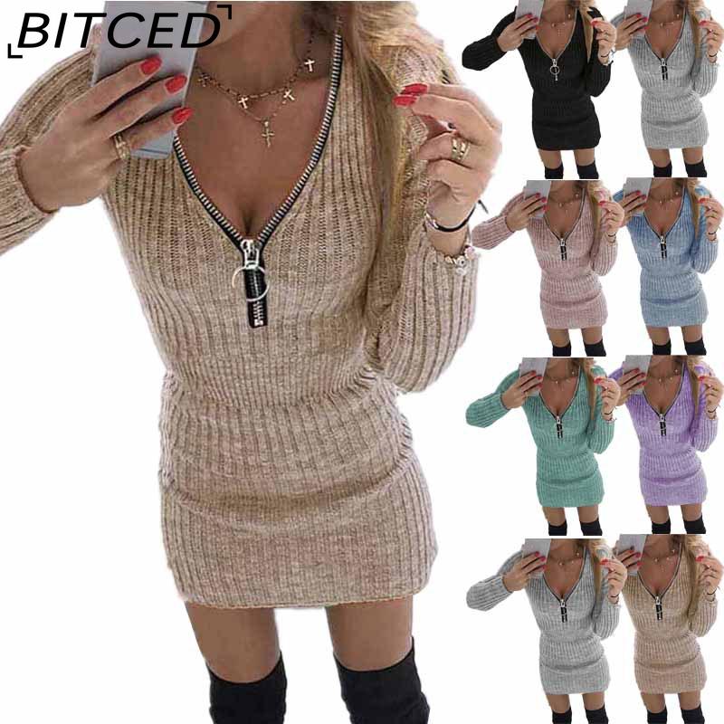 BITCED S-5XL Autumn Winter Womens Wrap Skirts Zipper Waist Long Sleeve Knitted Dress Hips