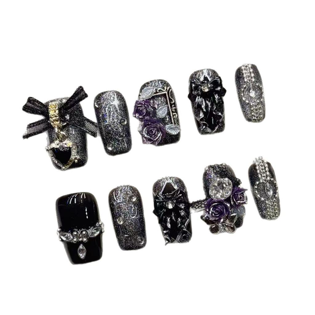 Dark Black French Almond Nails - Handmade Short Wearable for 2026 Trend