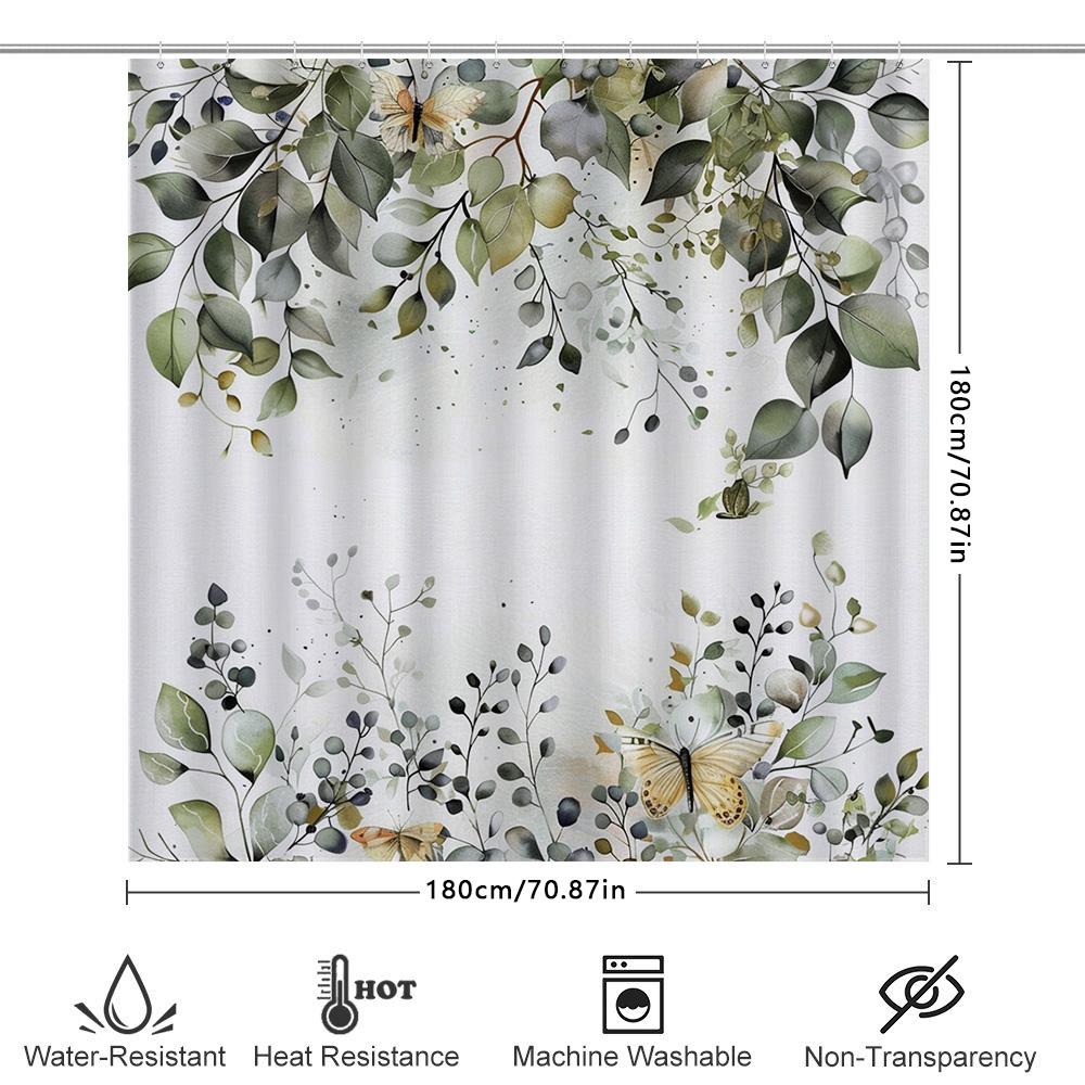 Elegant Green Leaf and Butterfly Shower Curtain for Bathroom Decoration - Waterproof and Durable Design for Stylish Home Upgrade