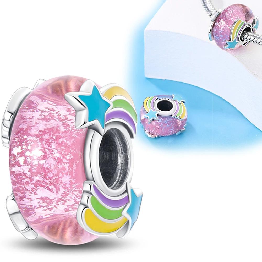 Original Rosa Glasperlen Blaue Romantische Perlen 925 Silber Charms für Frauen DIY Schmuckherstellung Armband Passend