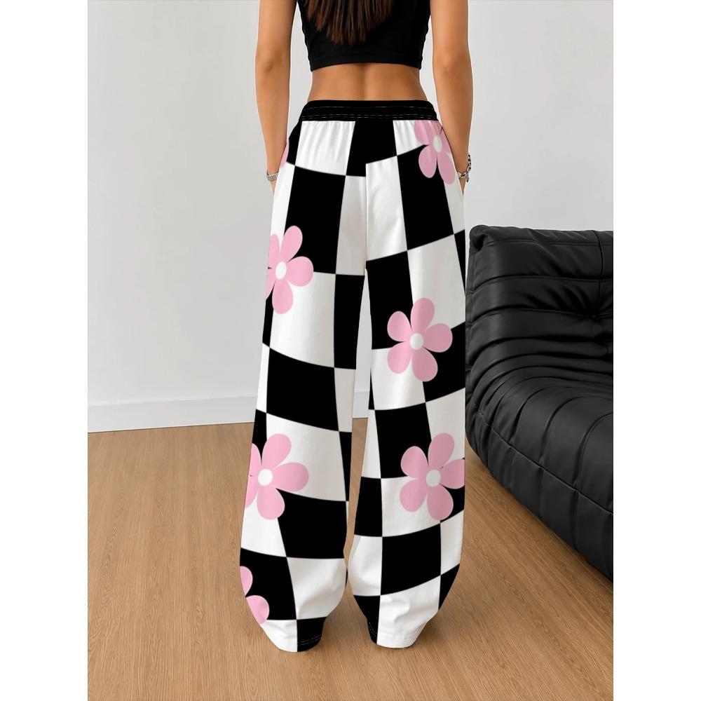 Women's Fashion Casual Pants Black and White Checkerboard Wide Leg Pants All-Season Adult Casual Sweatpants