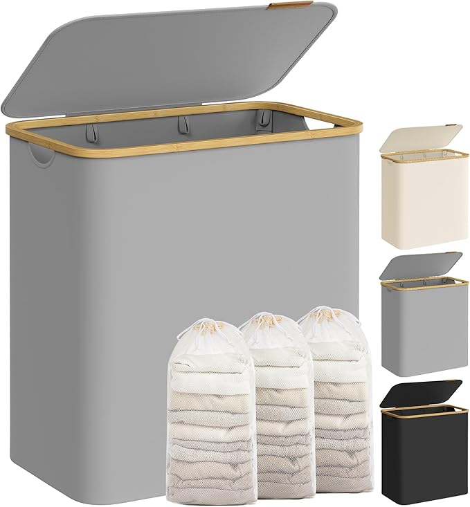 SONGMICS Laundry Basket with Lid, 3-Section