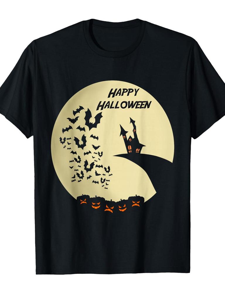 Unisex T-shirt Haunted House Pumpkin Bats Happy Halloween Design T-Shirt