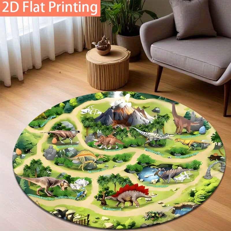 Round Dinosaur World Map Print Rug Non-slip Floor Mat for Kids Room Playroom Bedroom Home Decoration