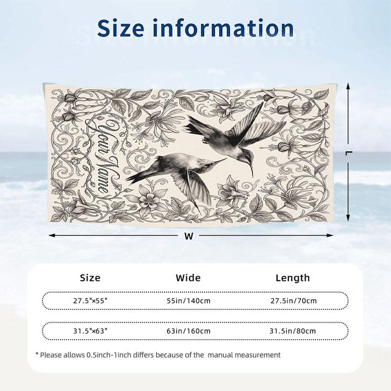 Hummingbird Garden Fantasy 3 Theme Quick Dry Beach Towel Custom Name Text Print Large Sand Resistant Towel Beach Vacation