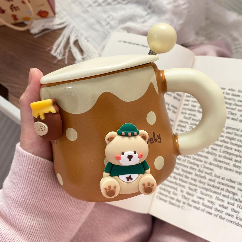 Creative magnetic bear mug cute ceramic mug with lid spoon Korean coffee cup large capacity drinking cup