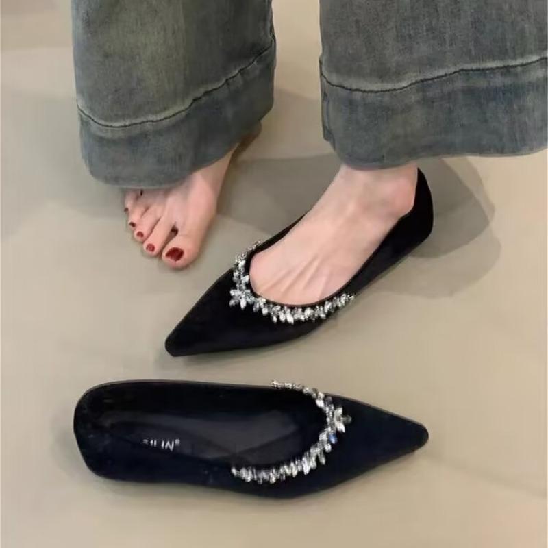 Fashion 2025 Designer Women Mary Jane Flats Shoes Fashion Crystal Pointed Toe Shoes Laides Comfort Soft Sole Wedding Party Shoes
