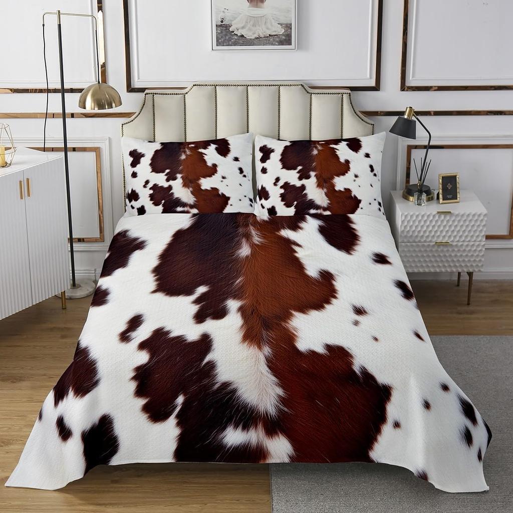 Cowhide Coverlet Set Farm Animal Fur Bedspread Queen/Full for Boy Girl Bedroom 2/3 Pcs Western Rustic Cowboy Farmhouse Quilt Set