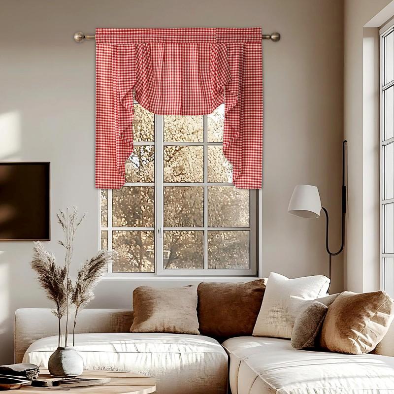 Elegant Tiered Valance Curtain With Lace Trim Rod Pocket Semi-Sheer Floral Checkered Living Room Bedroom
