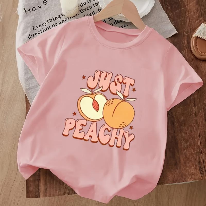 Fun "JUST PEACHY" & Peach Print Cute Children Round Neck