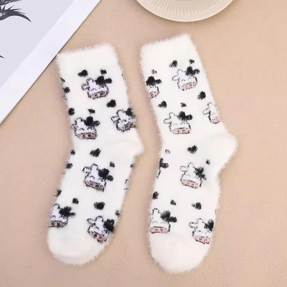 Cartoon Cute Cow Mink Velvet Socks Women Winter Soft Fleece Plush Warm Home Sleep Boot Socks Kawaii Thermal Tube Sox
