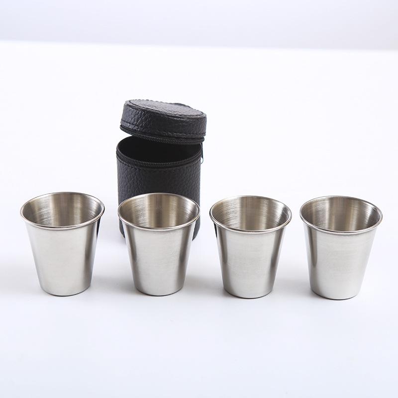 4/6pcs Portable Stainless Steel Cup Set With Leather Cover Bag For Outdoor Travel Party Camping Whiskey Cups Home Kitchen Bar