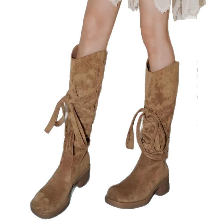 Soft leather French retro style strap medium and high knight boots for women 2025 new fashion inner height increase versatile boots for women