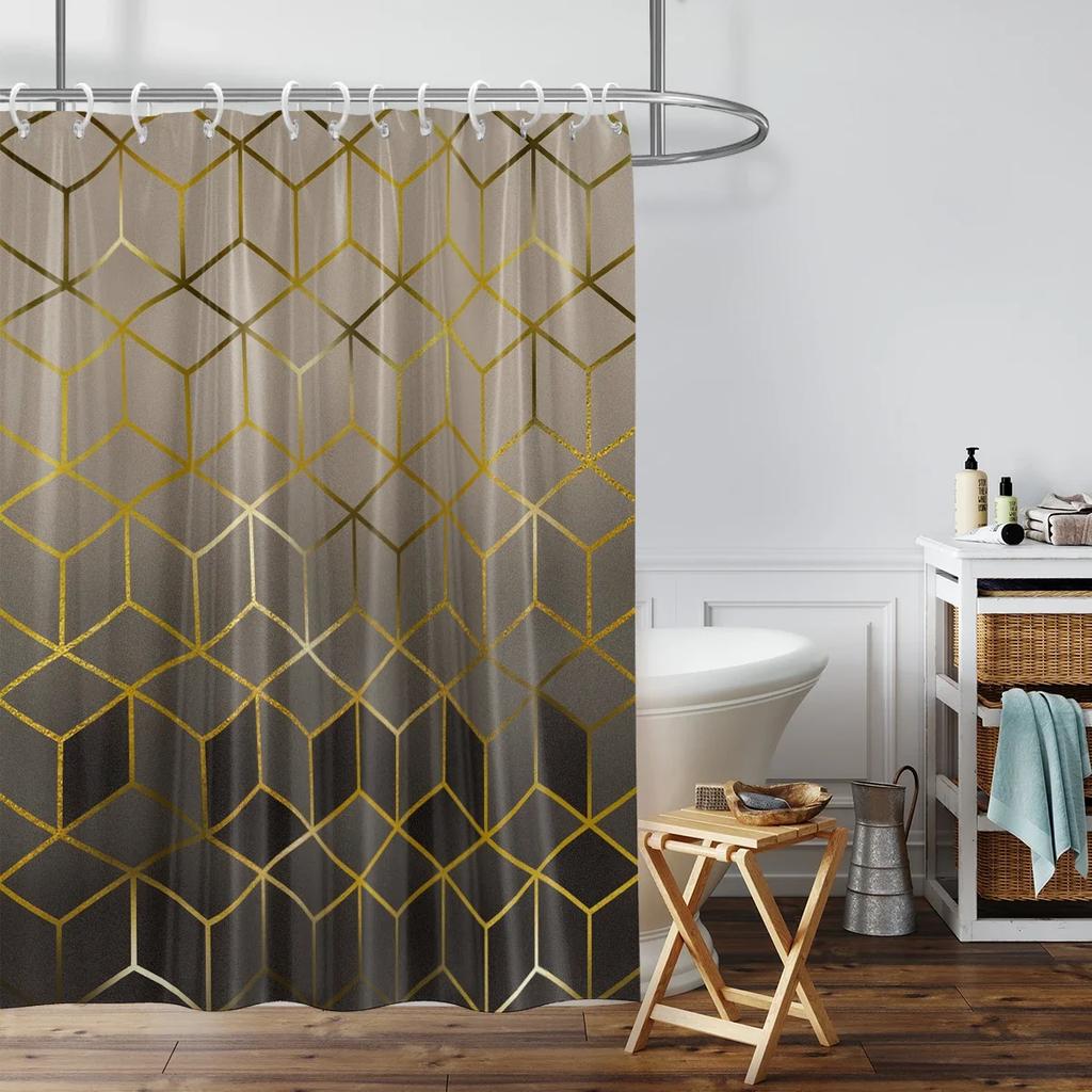 Brown Gradient Plaid Pattern Printed Shower Curtain, Waterproof, Washable, With 12 Hooks, Bathroom Shower, Bathtub, Home Use