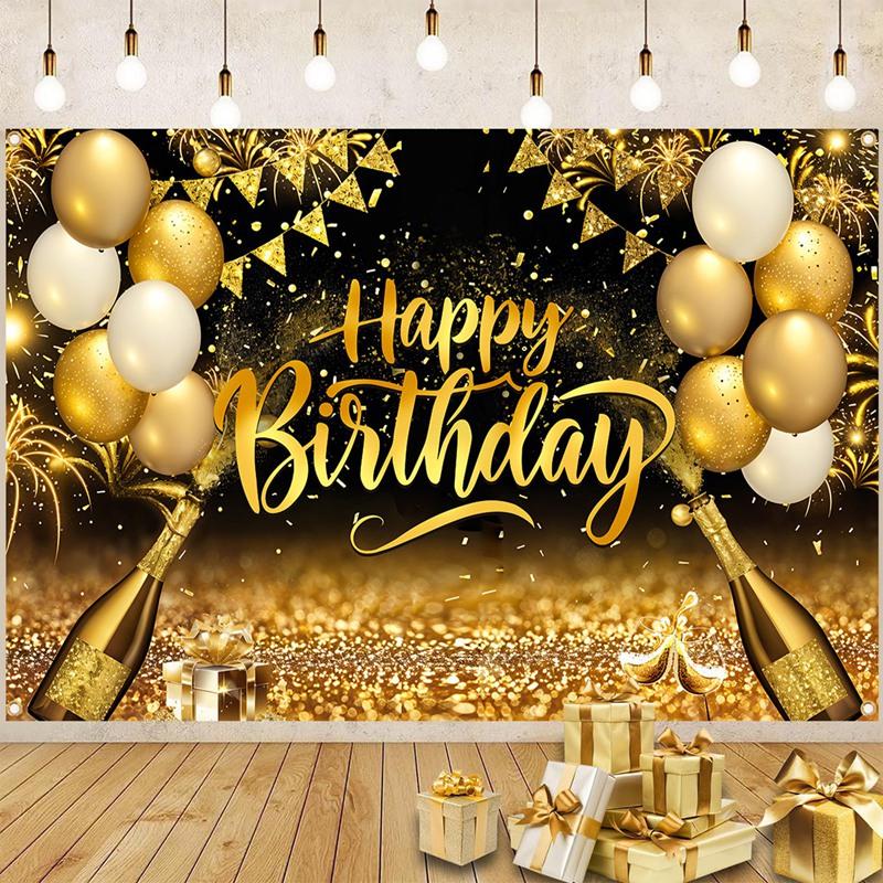 Black Golden Happy Birthday Backdrop Banner 30th 40th 50th 60th Birthday Party Backdrop Decor Photo Photography Background Props