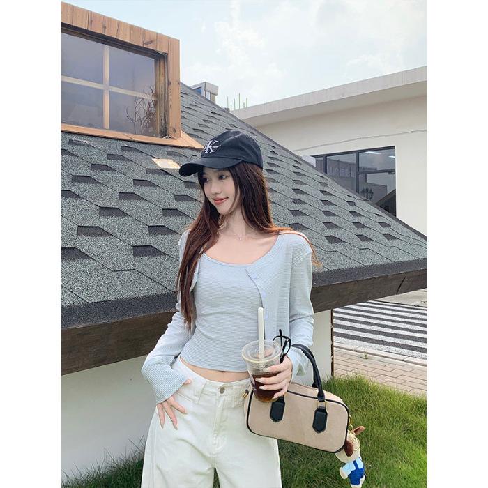 

Niche Stripe Camisole & Long-Sleeve Cardigan Two-Piece Set for Women - Autumn/Winter Medium