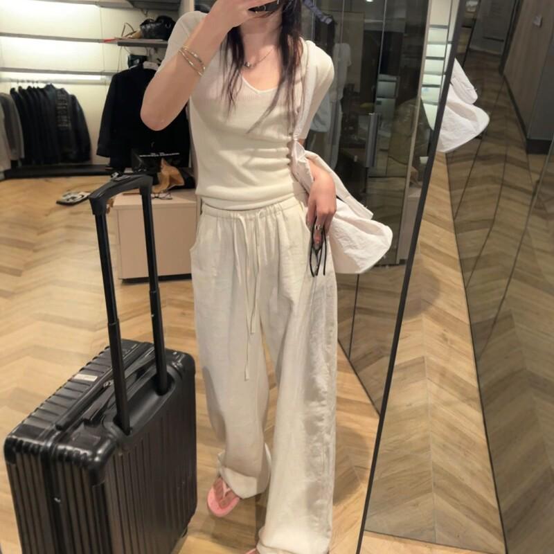 

Women s Spring 2026 Ramie Cotton-Linen Wide-Leg Pants with Elastic Waist and Drawstring – Old Money Style, Relaxed Fit Extra Large