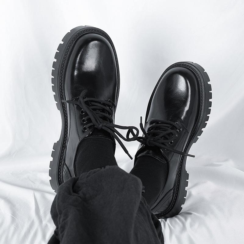 Black Leather Shoes Men's Platform Height Increase Retro Single Shoes Big Round Toe Men's Business Formal Round Scalp Shoes G2135