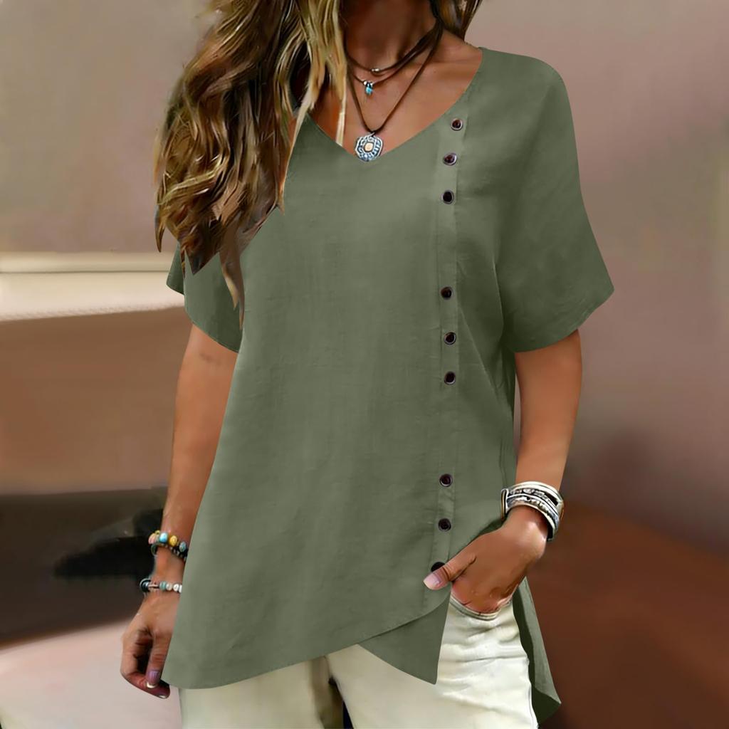 Top Camiseta Feminina Manga Curta Botões Gola V Algodão e Linho