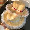 French Style Lace Bowknot Flat Top Straw Hat Women Summer Beach Sun Protection Luxury Woven Visor Sun Hat