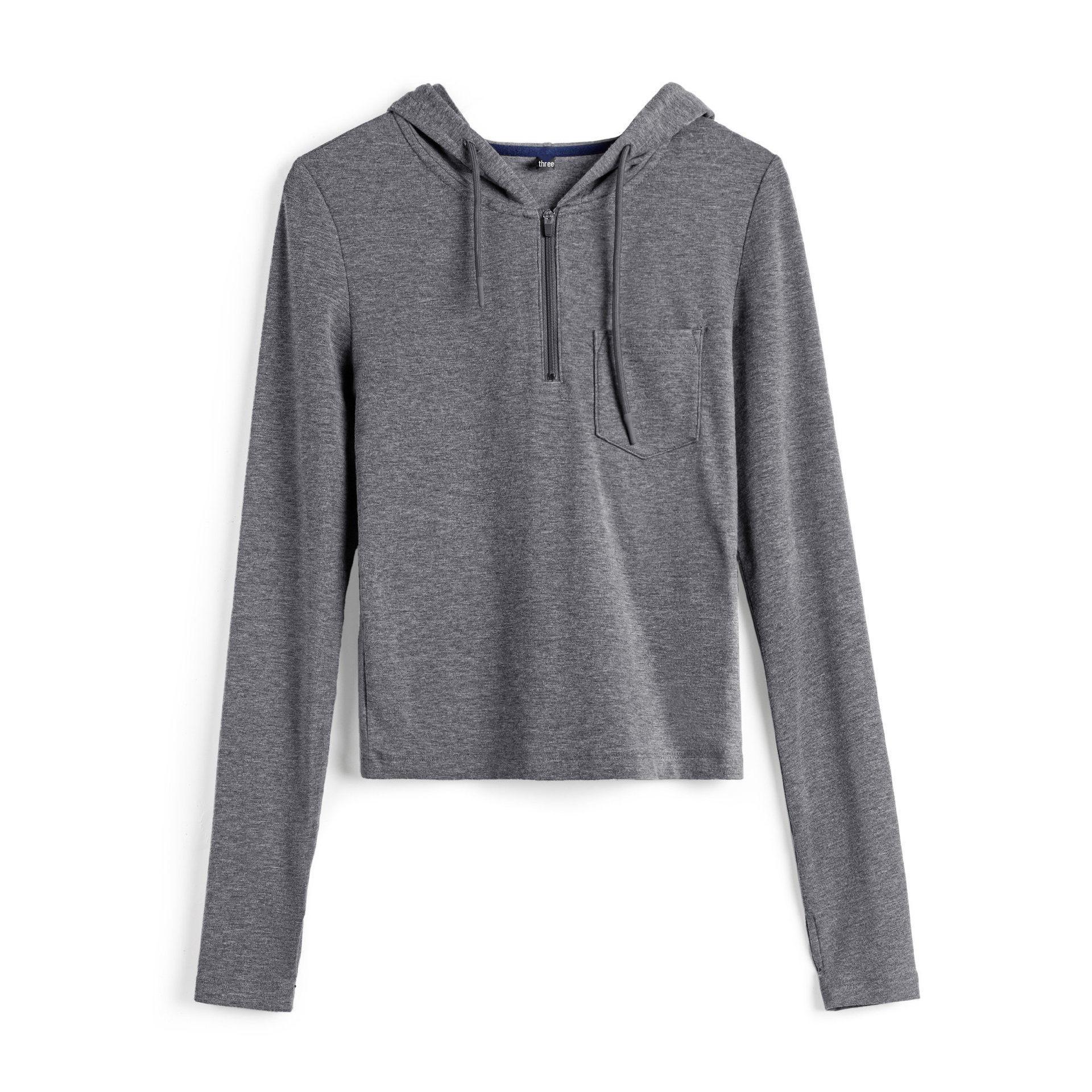 Women s Cropped Slimming V-Neck Grey Hooded Half-Zip Sweatshirt for Spring M хизер серый