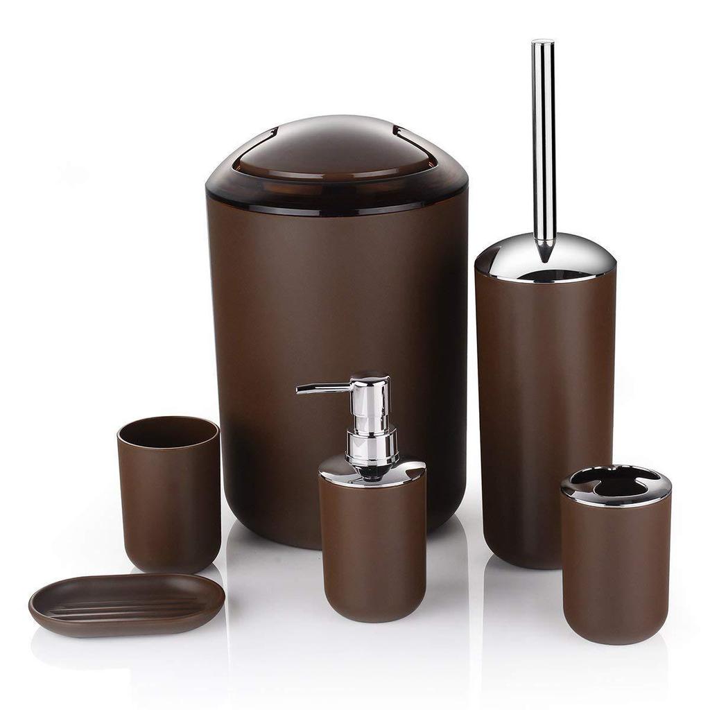 6-Piece Bathroom Set: Trash Can, Toilet Brush, Lotion Bottle, Toothbrush Holder, Soap Dish, and Countertop Decor.