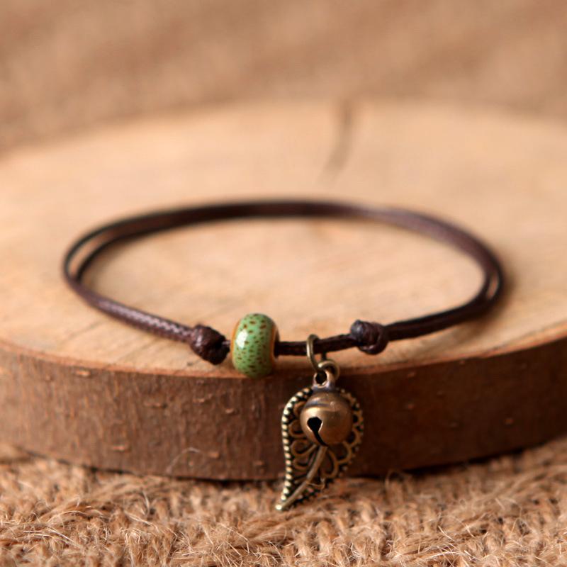 Ethnic Style Anklet For Women Vintage Bronze Leaf & Bell With Colorful Ceramic Bead Pendant On Leather Rope
