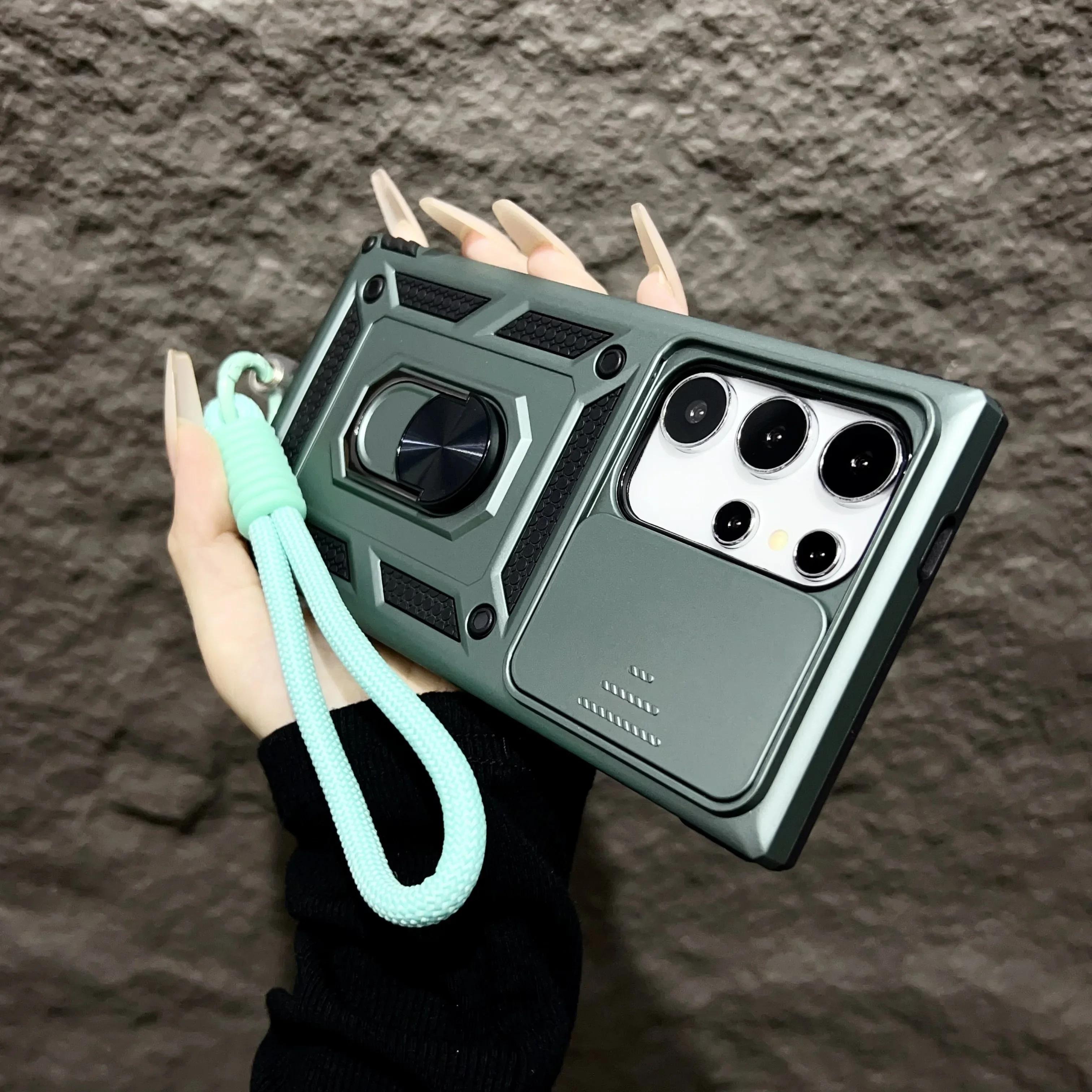 

Чехол Armor Magnetic Bracket Case для Samsung Galaxy S25 S24 S23 S22 S21 Ultra Plus с выдвижным шнурком для камеры, защитный противоударный чехол For Galaxy S25 Ultra&Case & Strap зелёный