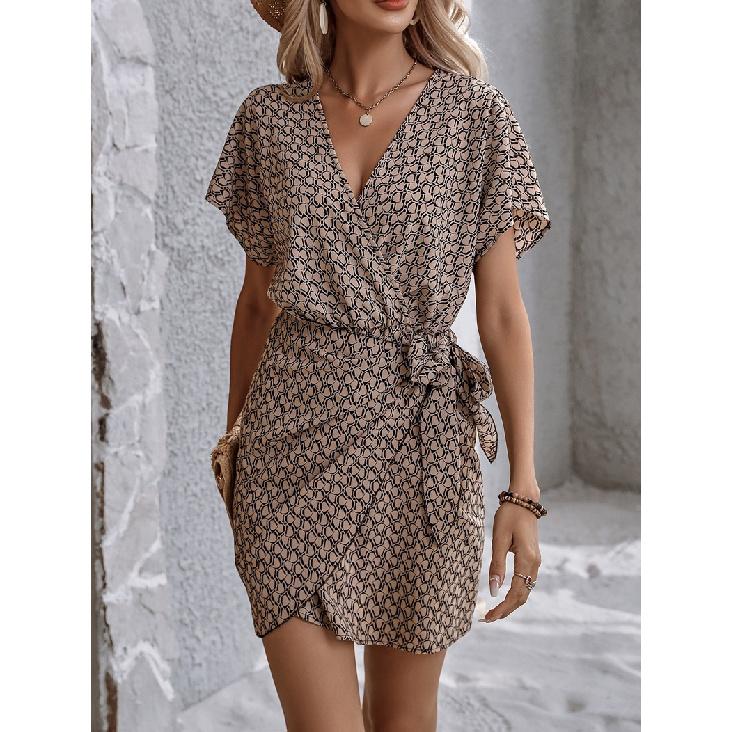 Women's Fashion Spring/Summer 2026 New Printed Short-Sleeve Dress Beach High-Waisted Batwing Sleeve Wrap Dress