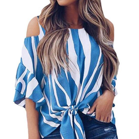 Women Chiffon Blouses Off Shoulder Ruffles Half Sleeve Sexy Round Neck