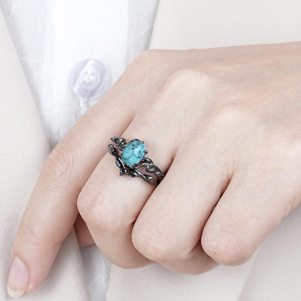 Luxury European and American New RING Alloy Inlaid Turquoise Ring, Electroplated Gun Black Women's Engagement Ring