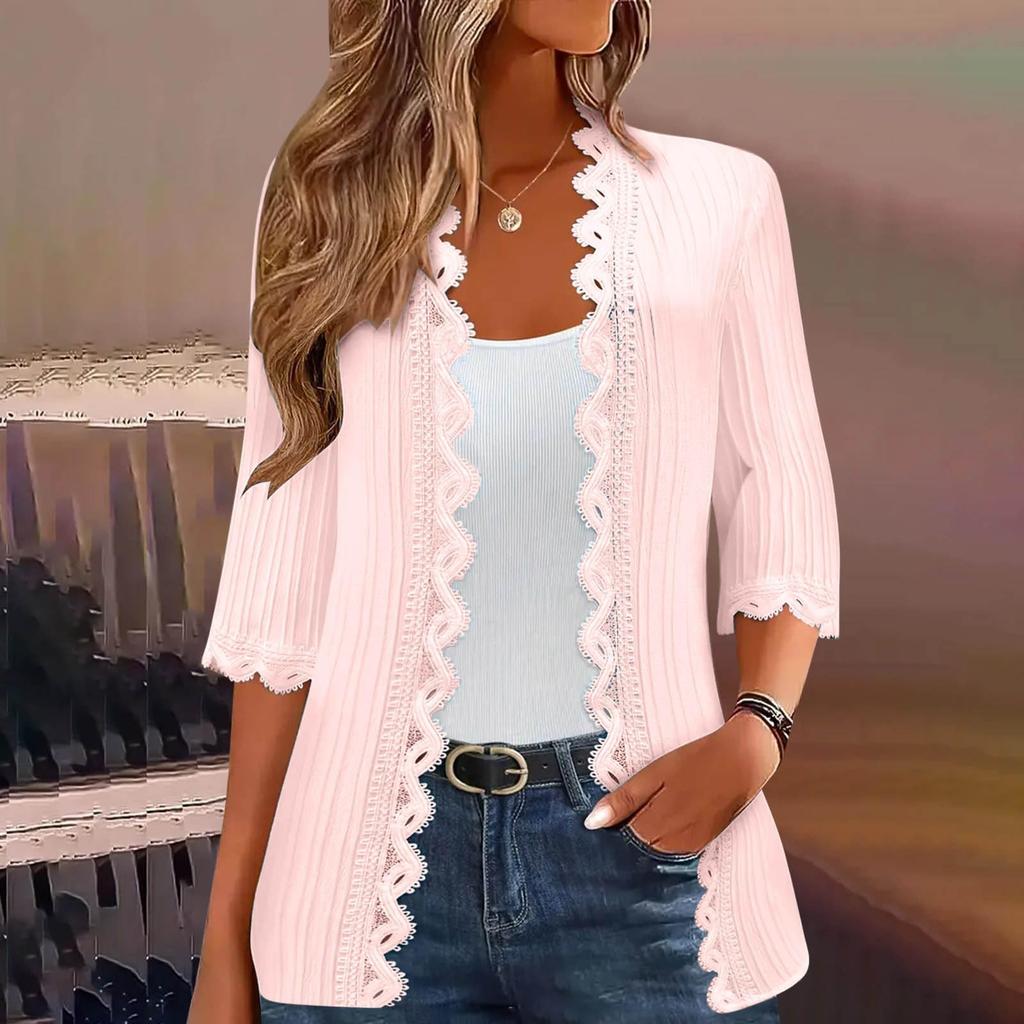 Women's Fashion Casual Seven Split Sleeve Solid Color Lace Cardigan Jacket