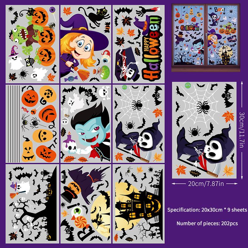 6/8/9 Sheets Halloween Window Clings Cute Ghost Pumpkin Bat Removable Self Adhesive For Home Party Glass Decor