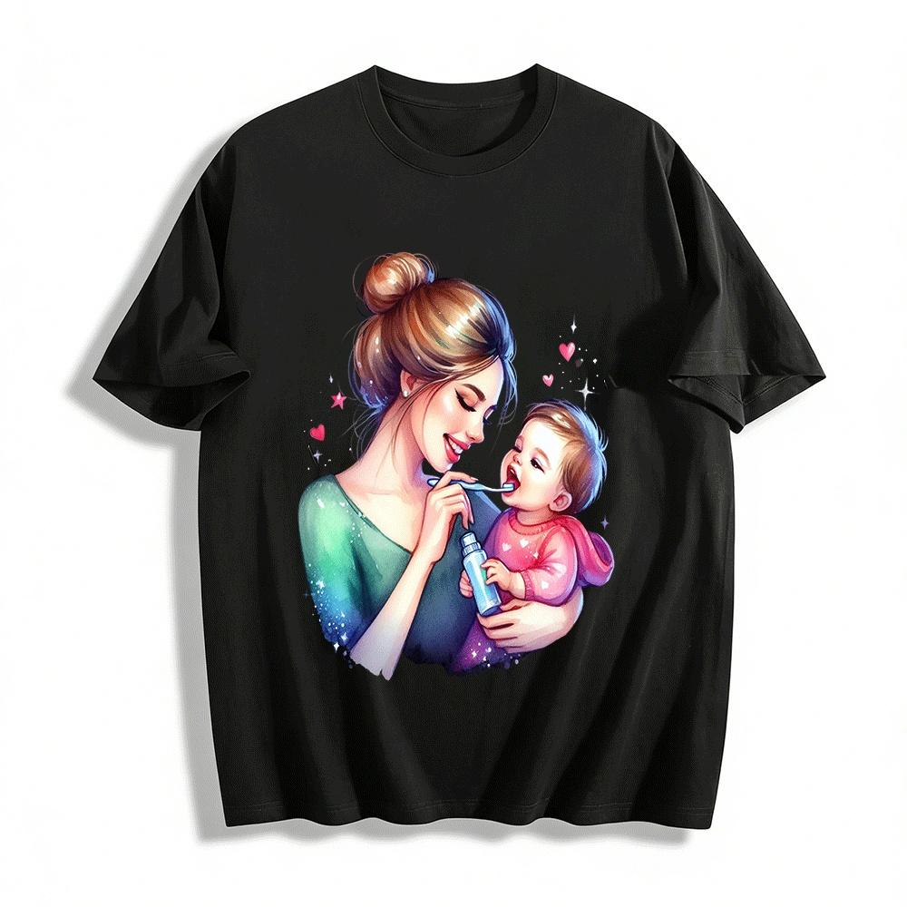 Warm Parent-child Teeth Care Time Printed Adult Top Pure cotton T-shirt XXS