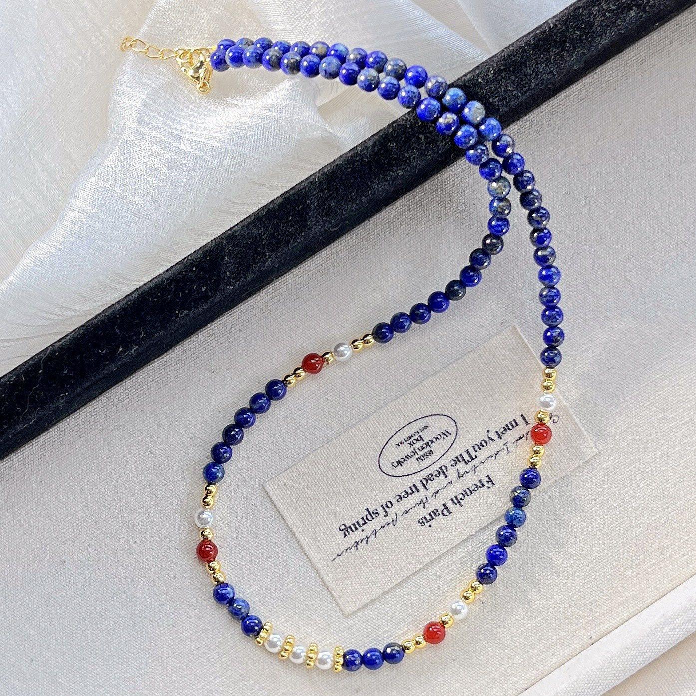 4Mm Retro Natural Lapis Lazuli Chalcedony Artificial Crystal Pearl Collarbone Chain Necklace