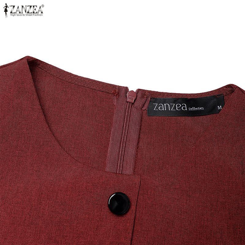 ZANZEA Women Casual Round Neck Long Sleeve A-Line Dress