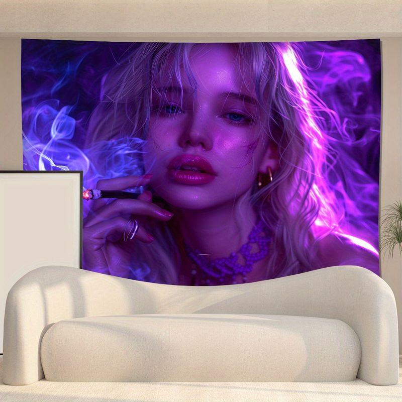 Purple Neon Smoke Cool and Spicy Girl Portrait Tapestry Background Hanging Fabric Y2K Subcultural Room Decoration